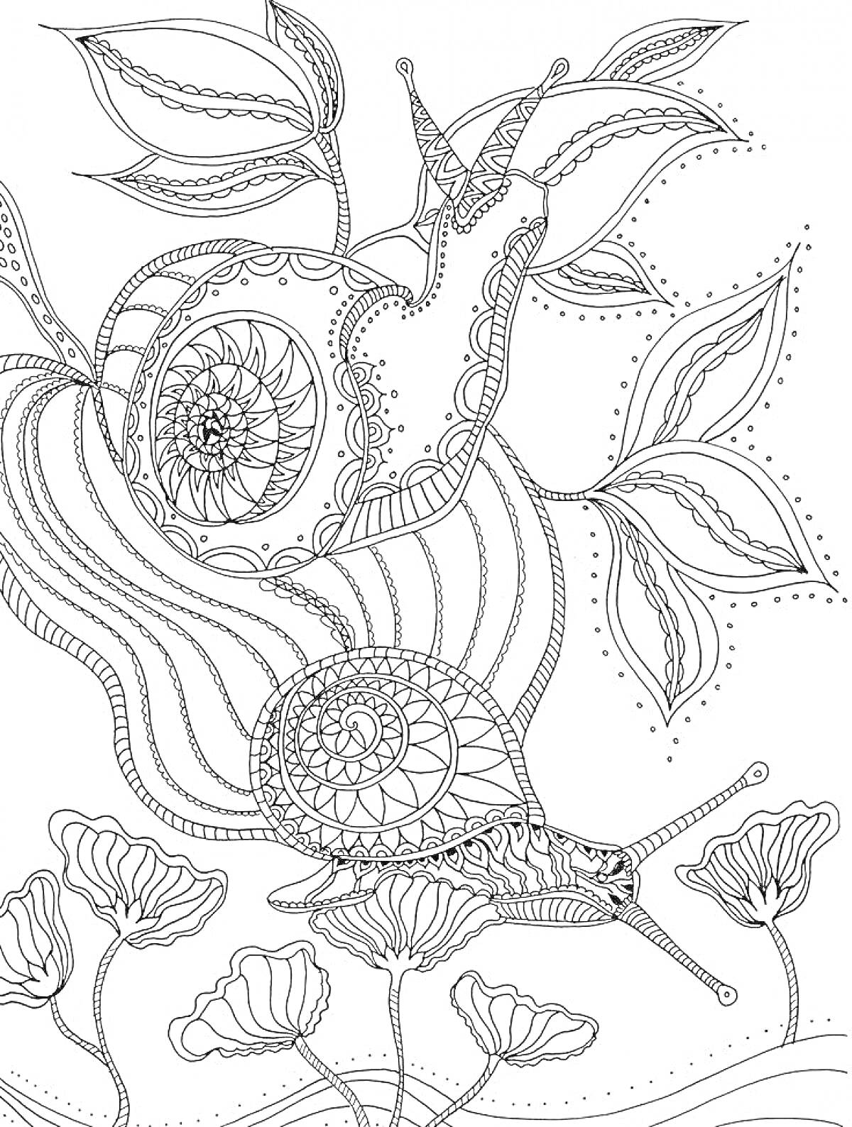 Раскраска Улитка на фоне листьев и цветов с узорами для антистресса