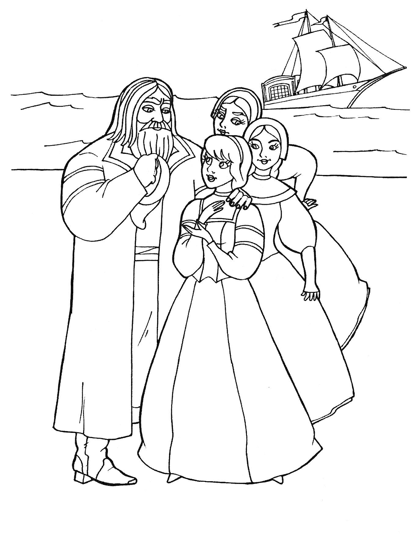 На раскраске изображено: Семья, Отец, Море, Корабль, Из сказок, Аленький цветочек, Контурные рисунки