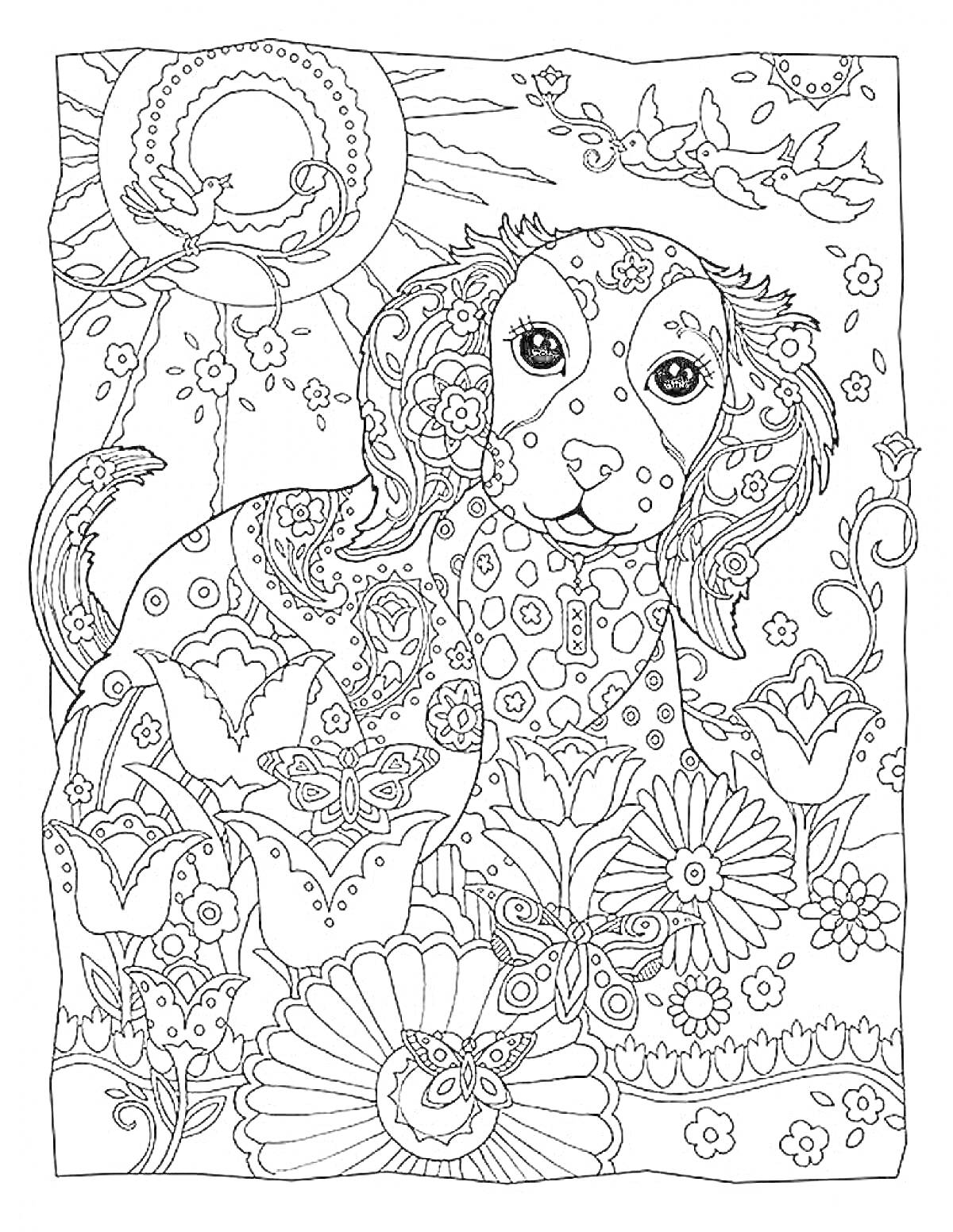 Раскраска Собака с узором среди цветов, бабочек и птиц в окружении солнышка и природы