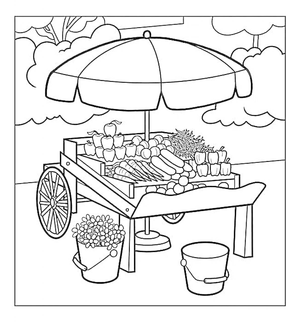 Раскраска Торговая тележка с овощами, фруктами и ведрами под зонтом на ярмарке