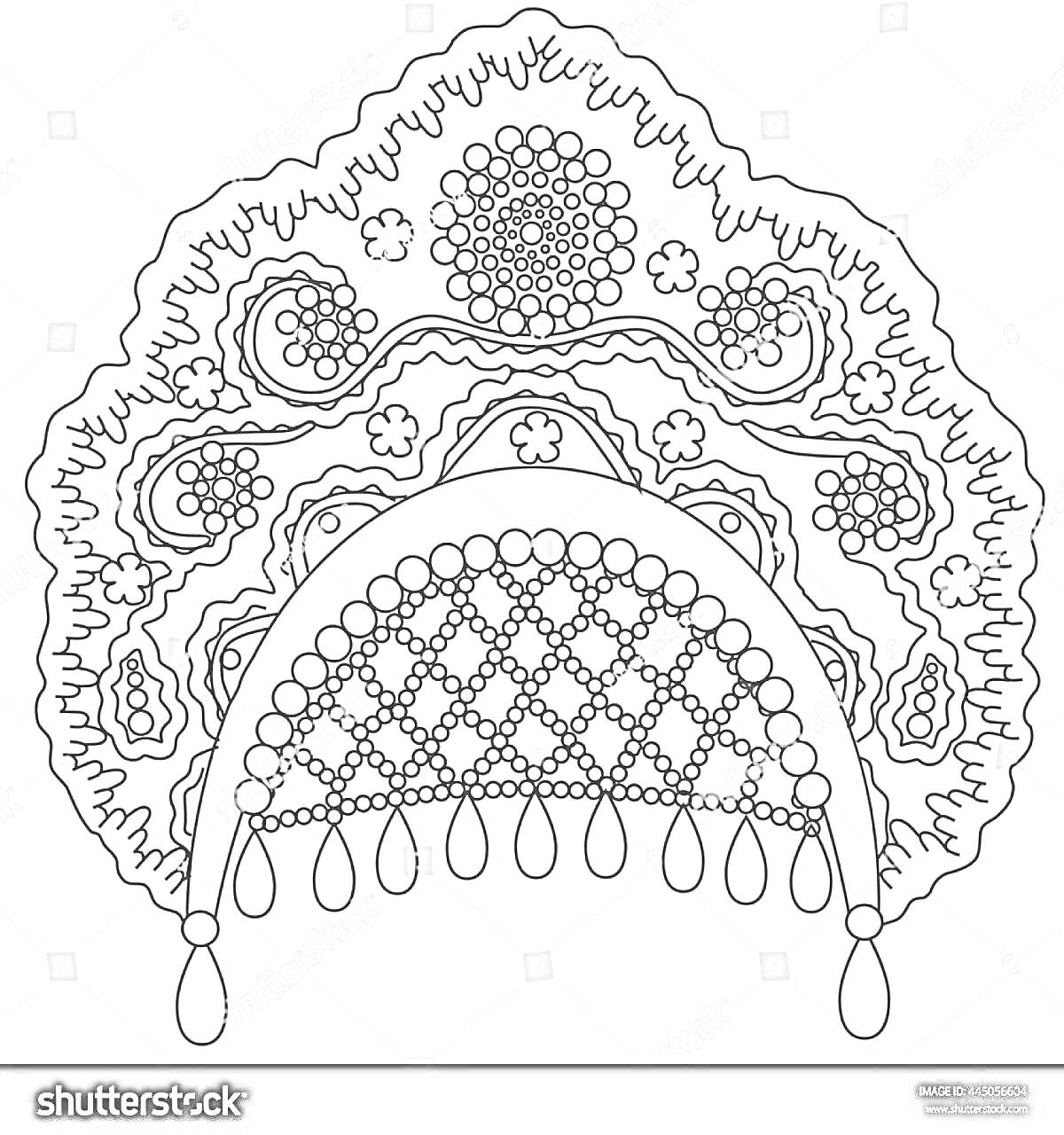 Раскраска Кокошник с бисерной сеткой и декоративными элементами
