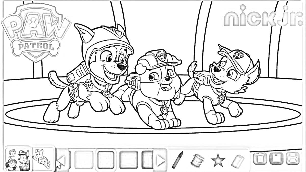 Раскраска Щенячий патруль в базе - три щенка, логотип, надпись 