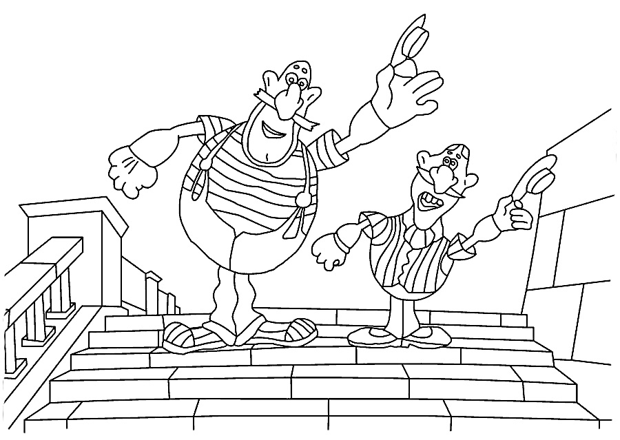 Раскраска Два бандита на лестнице, один из них с поднятой рукой и оба в полосатых футболках и подтяжках