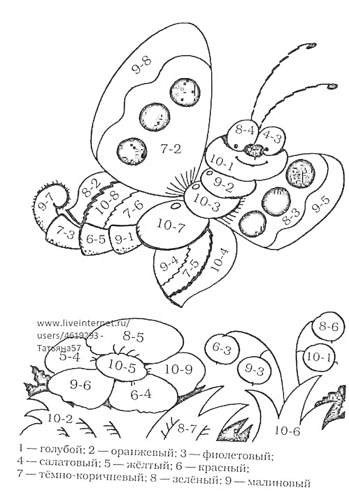 Раскраска Бабочка на цветке с числовой раскраской
