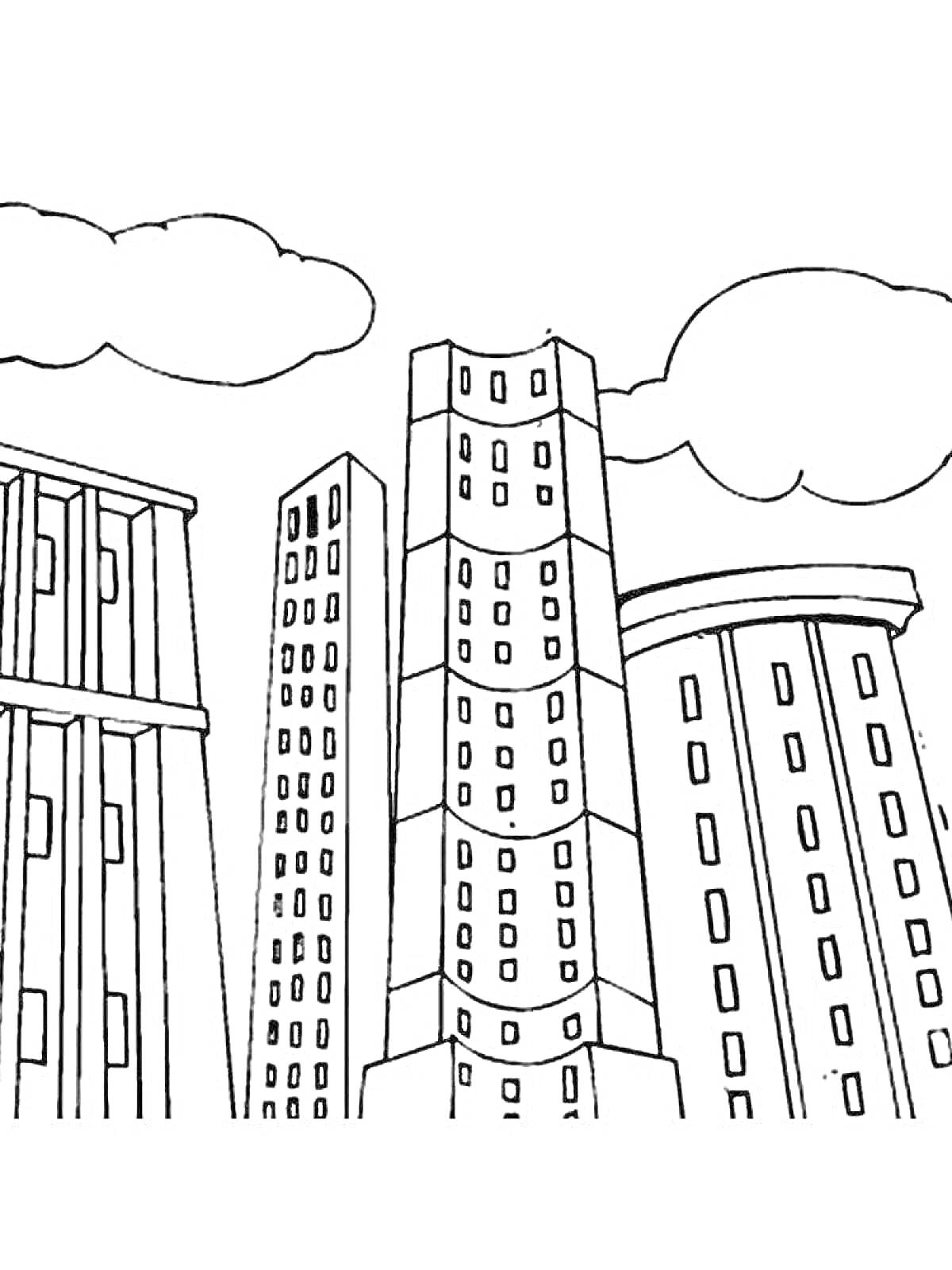 На раскраске изображено: Здание, Облака, Высотки, Архитектура, Будущее
