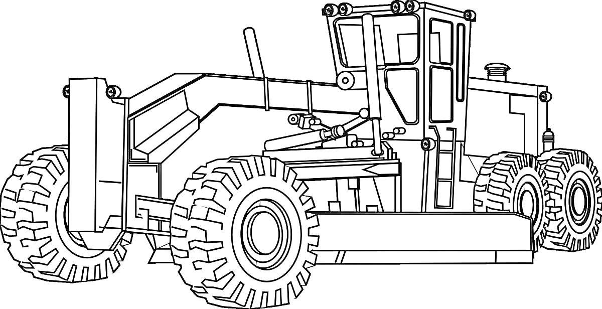На раскраске изображено: Трактор, Погрузчик, Строительная техника, Колёса, Техника, Транспорт