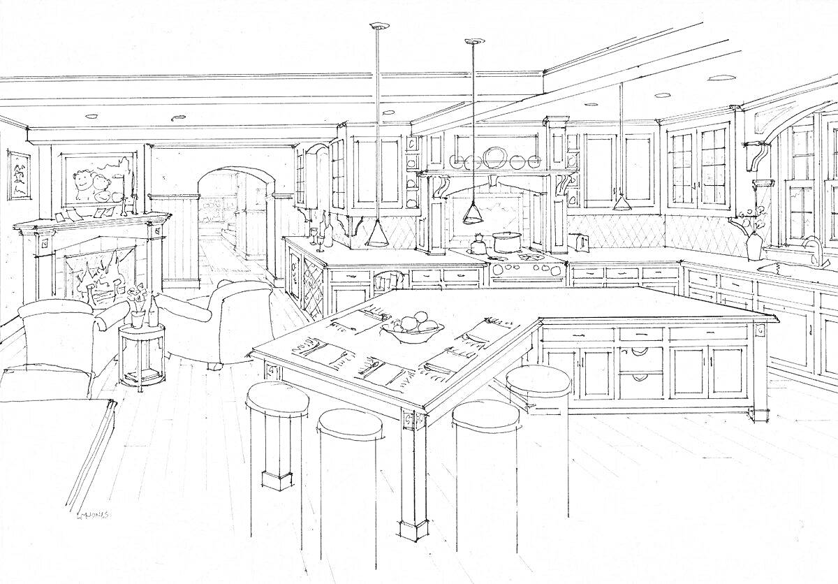Раскраска Скетч кухни и гостиной с мебелью и предметами интерьера