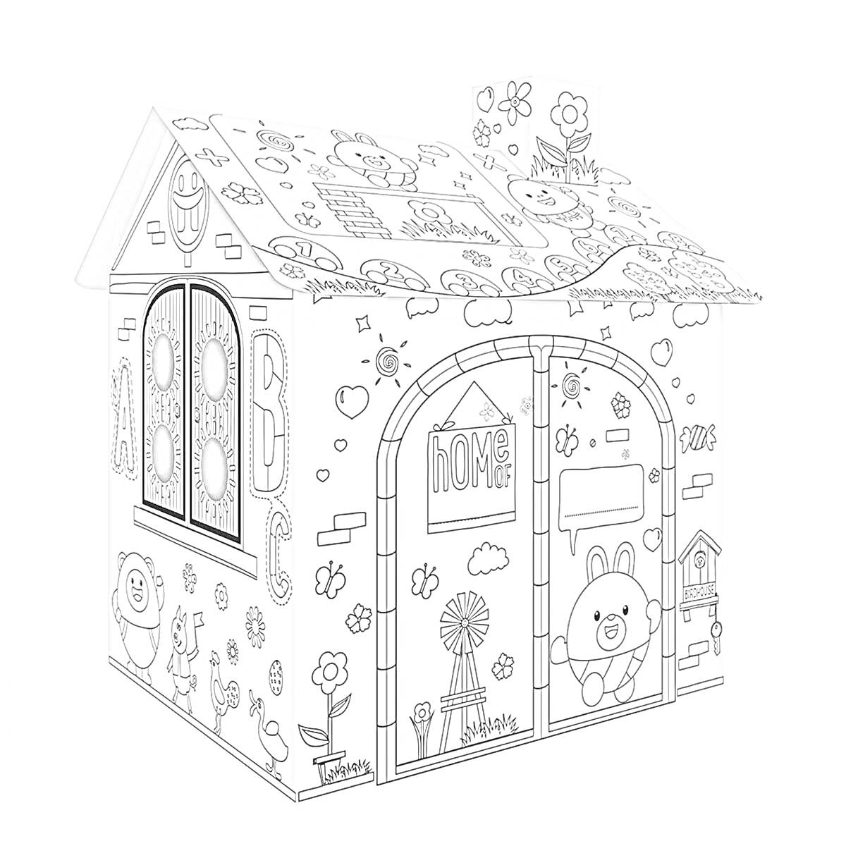 На раскраске изображено: Картонный дом, Цветы, Крыша, Дверь, Окна, Животные, Надпись