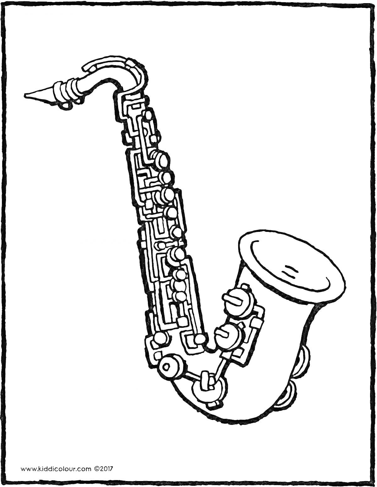 На раскраске изображено: Саксофон, Музыкальный инструмент, Мундштук, Клапаны, Контурные рисунки