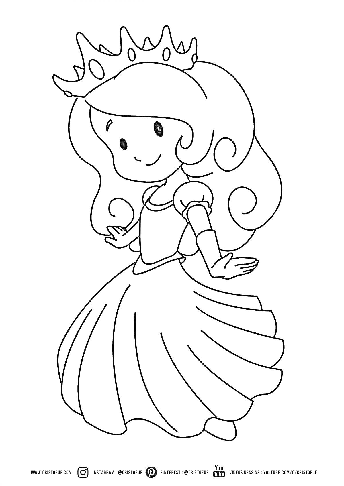 Раскраска Принцесса с короной и длинными волосами в пышном платье