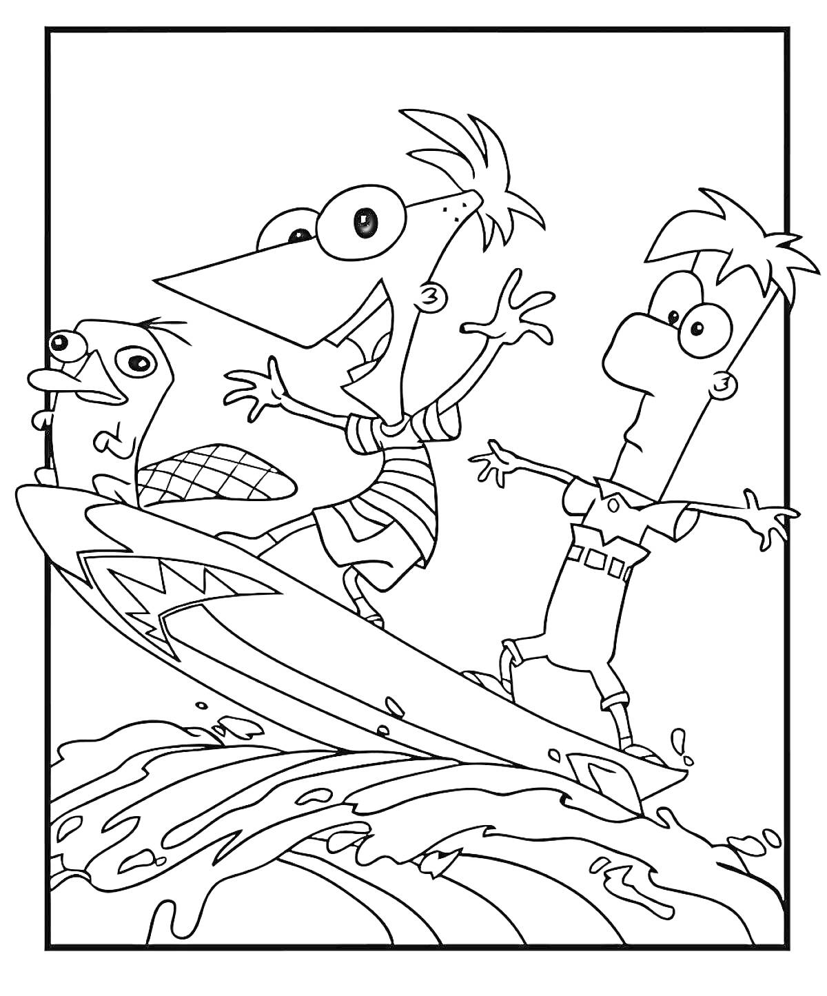 Перри, Финес и Ферб катаются на серфинге