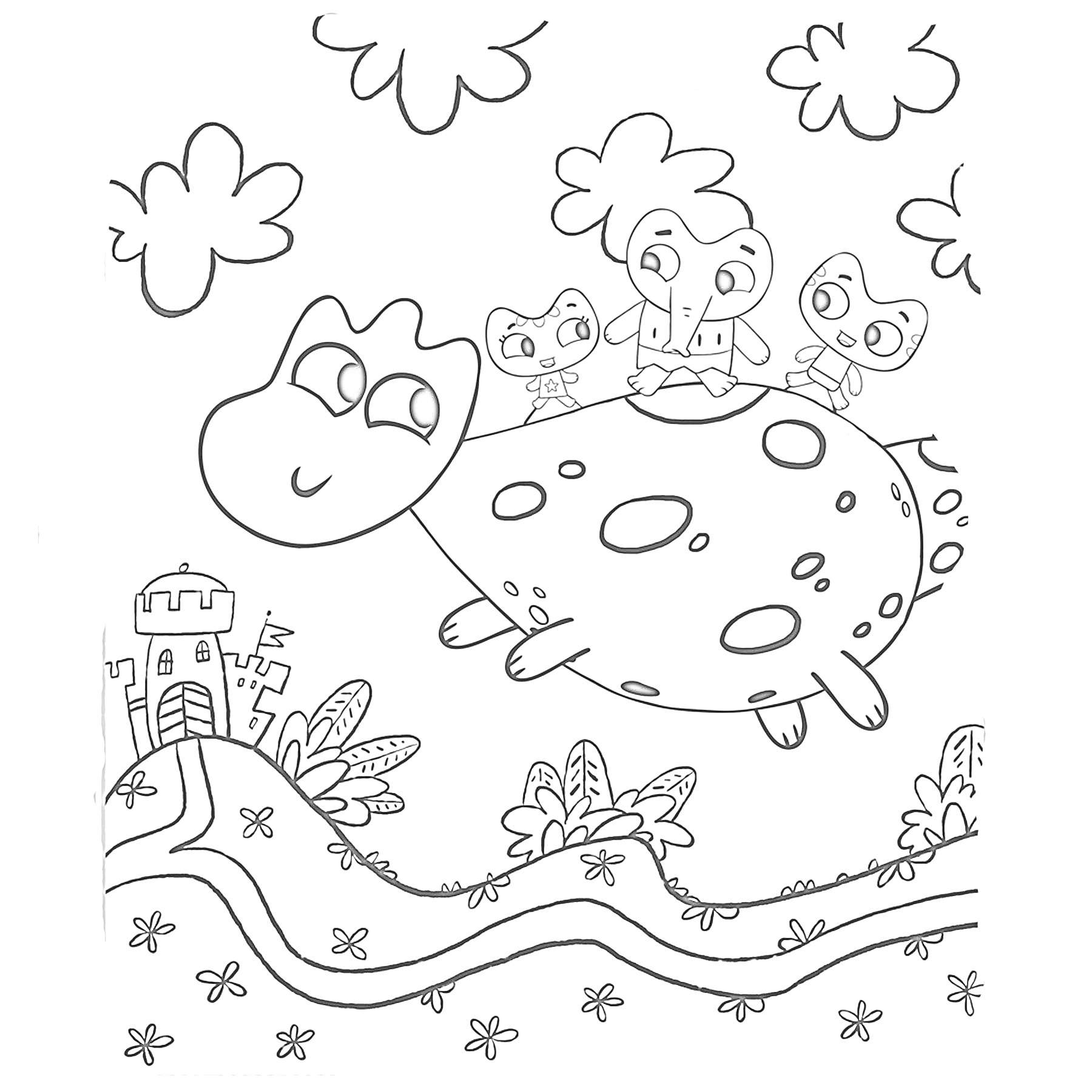 Котики на спине динозавра летят над полем с цветами и замком вдалеке