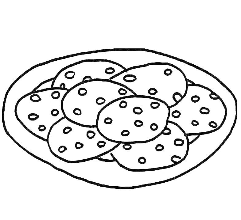 На раскраске изображено: Сырники, Тарелка, Еда, Кухня, Десерты, Контурные рисунки