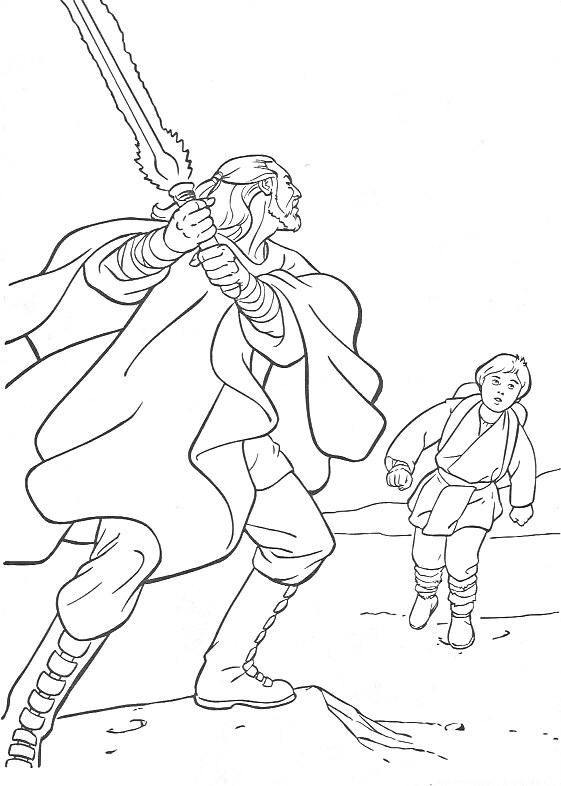 Раскраска Воин со световым мечом и мальчик на пустынной местности