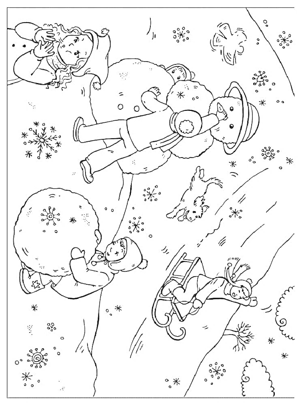 Раскраска Дети играют на снегу: лепка снеговика, катание с горки на санках, игра с собакой