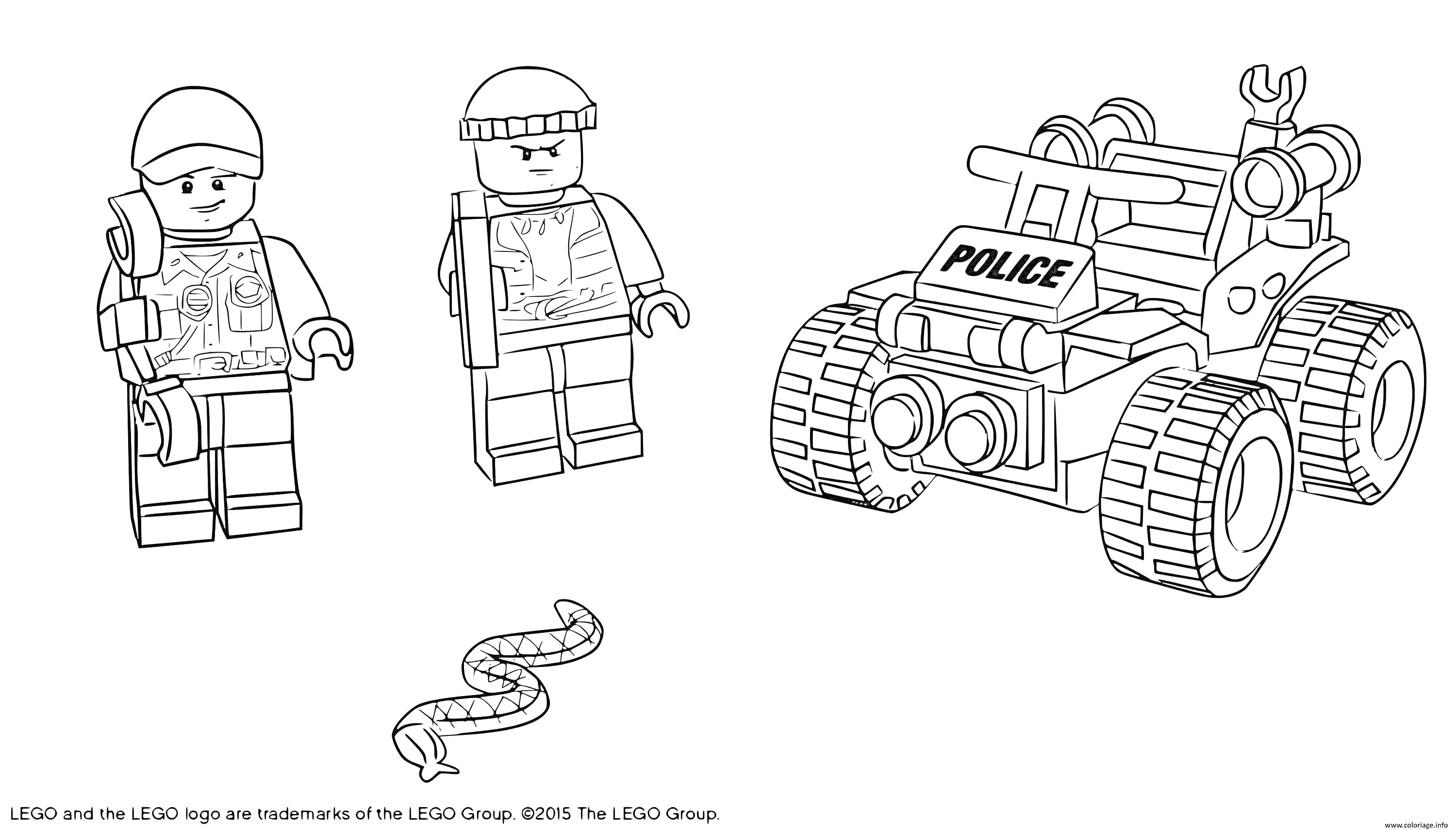 На раскраске изображено: Лего, Военные, Минифигурки, Радио, Оружие, Внедорожник, Полиция