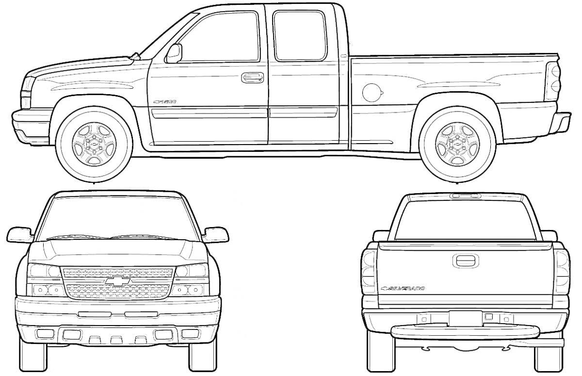 Раскраска Шевроле Тахо с видами сбоку, спереди и сзади