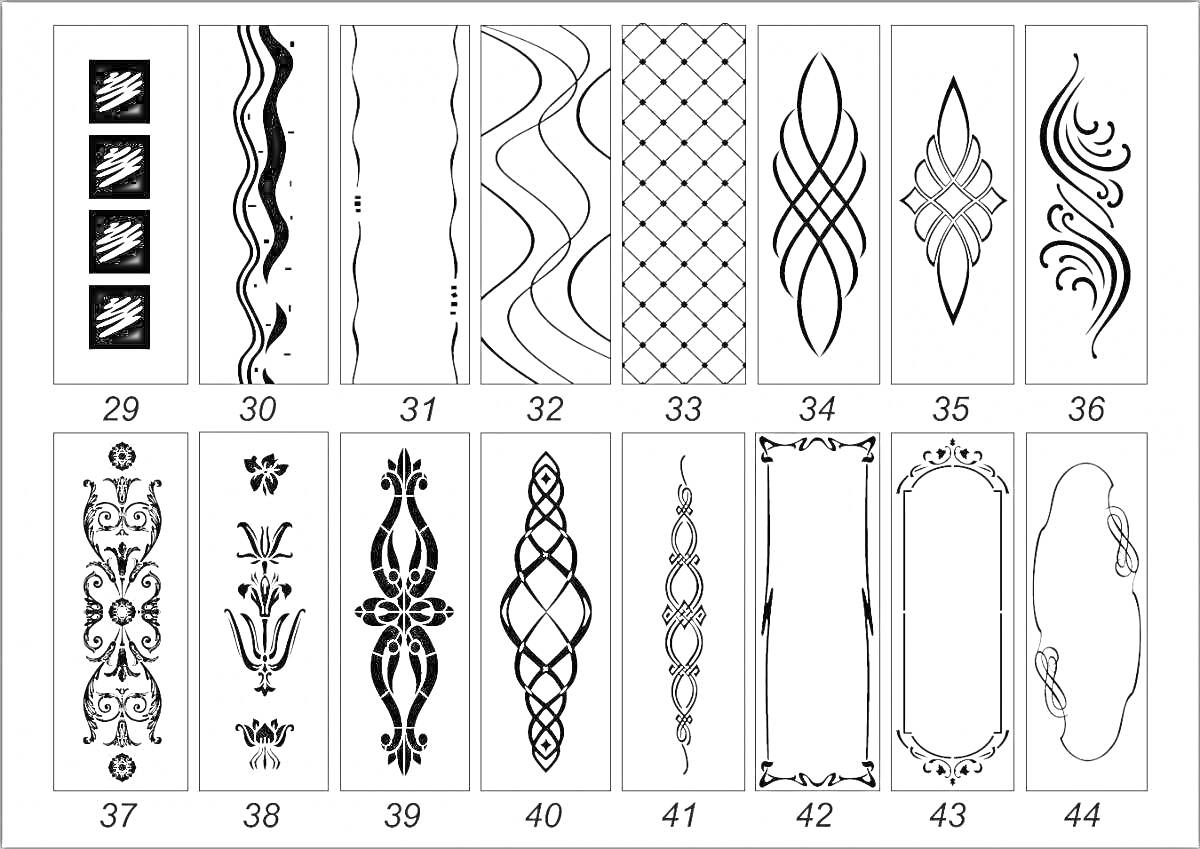 Раскраска Набор узоров для нард с диагональными линиями, волнистыми полосами, решеткой и декоративными элементами