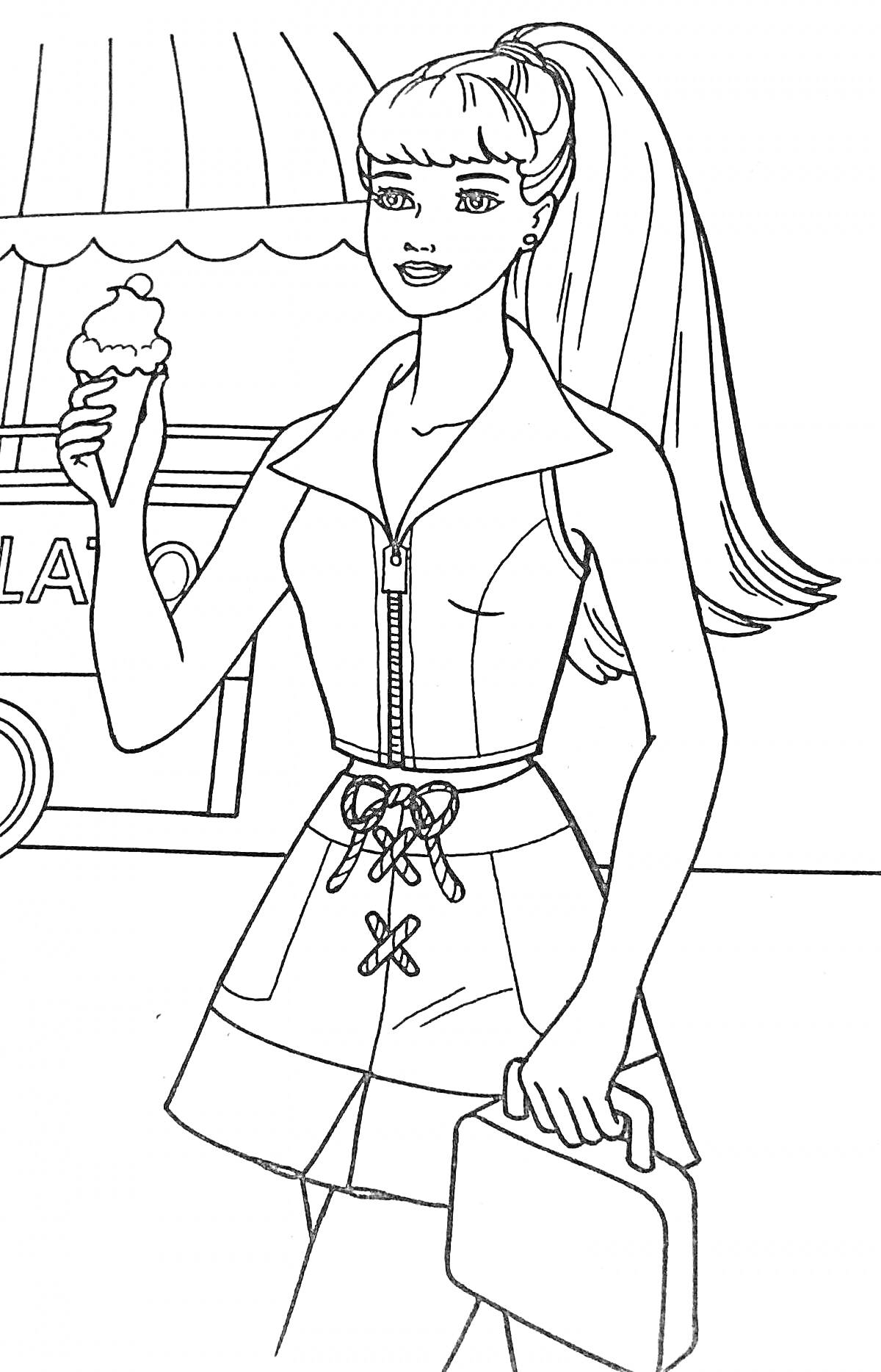 На раскраске изображено: Барби, Доктор, Мороженое, Медицинский чемоданчик, Кафе, Персонаж