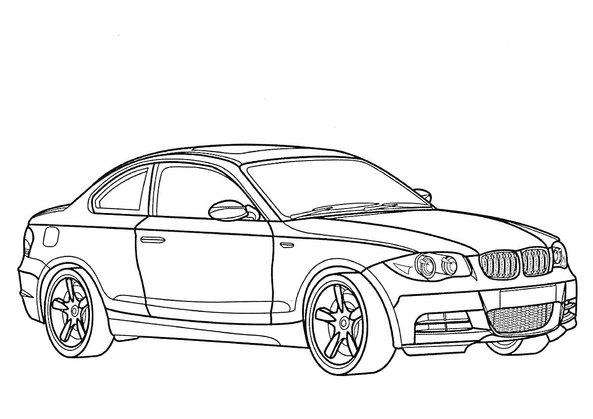 Раскраска Раскраска с изображением автомобиля BMW, вид сбоку и спереди, с видимыми деталями кузова, крыши, колес, фар и решетки радиатора.
