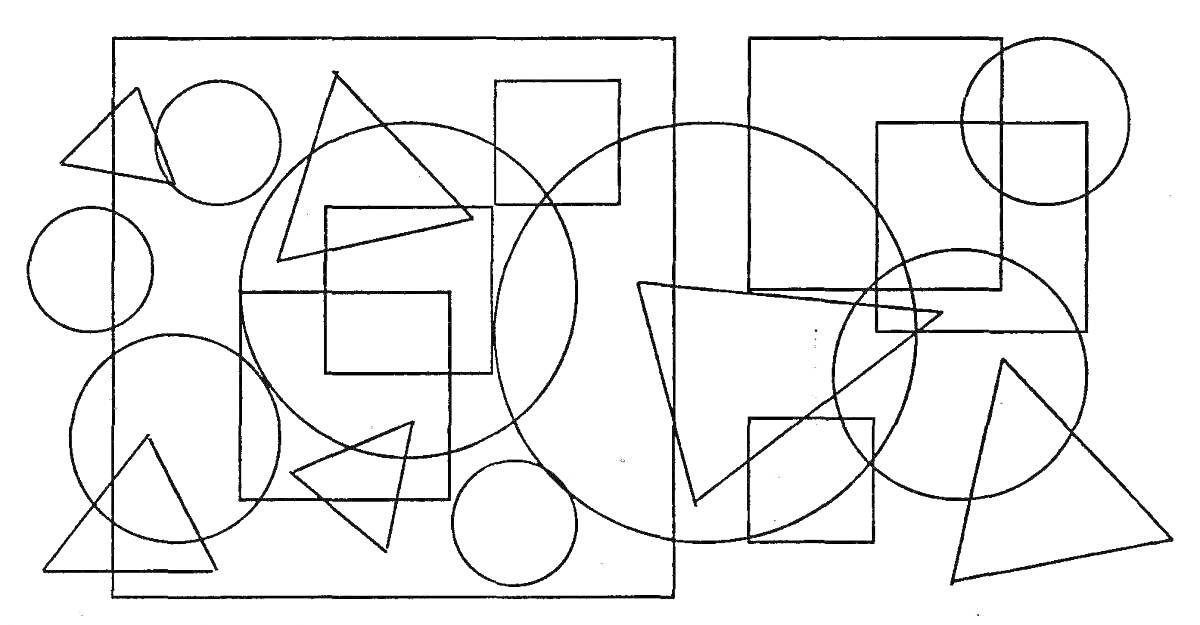 На раскраске изображено: Круги, Квадраты, Прямоугольники, Треугольники, Геометрические фигуры, Геометрия