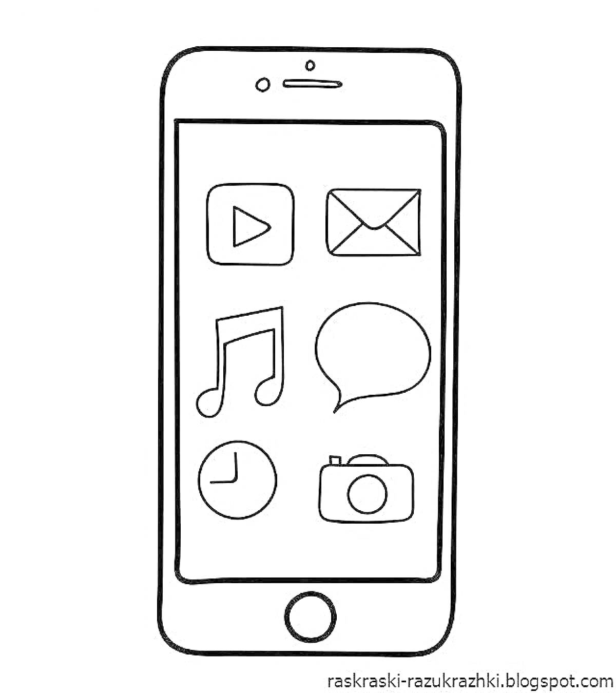Раскраска Телефон с иконками приложений (воспроизведение видео, почта, музыка, сообщение, час, камера)