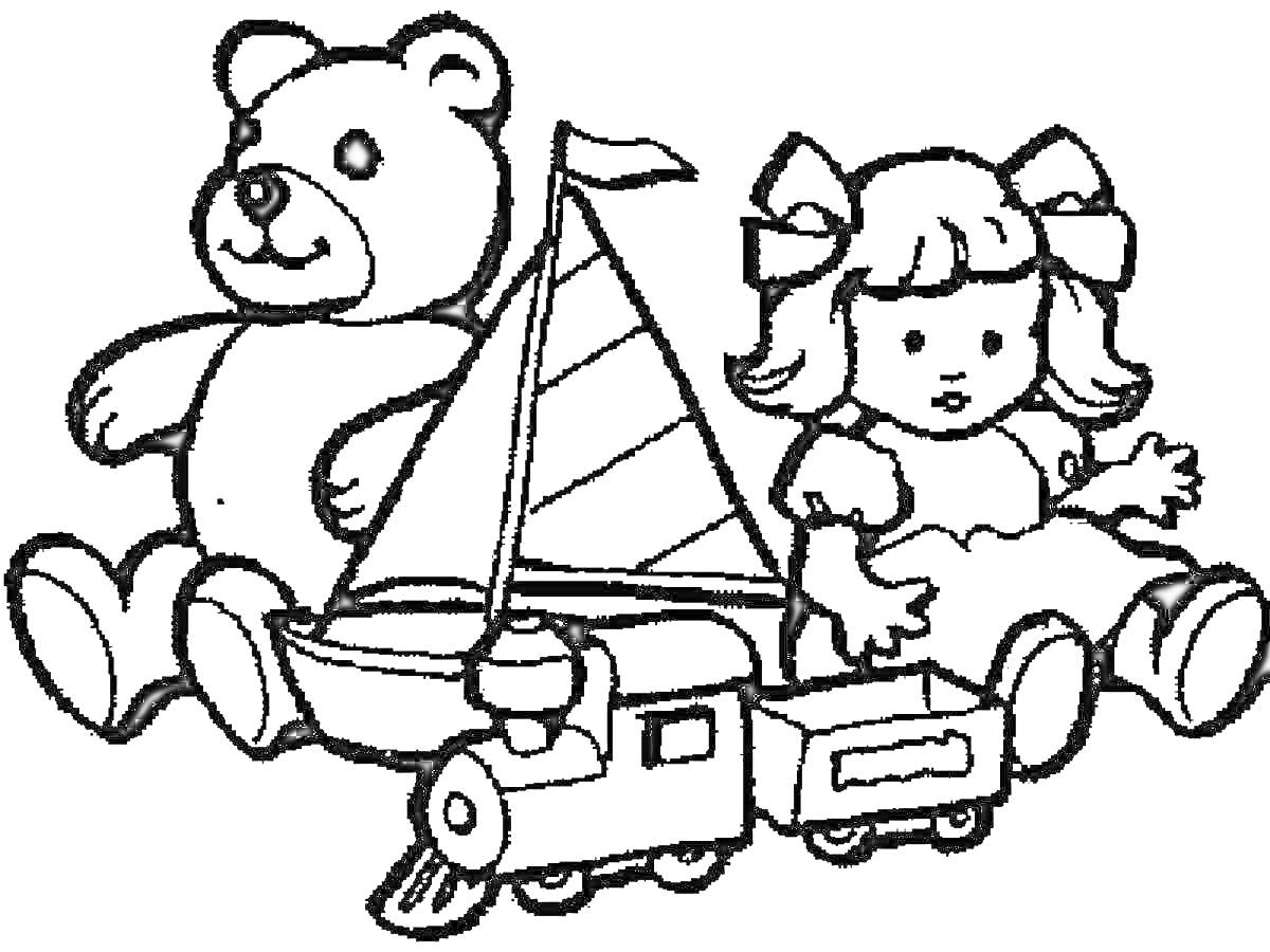 На раскраске изображено: Детский сад, Медведь, Кукла, Поезд, Игрушки, Для детей, 4-5 лет, Корабль