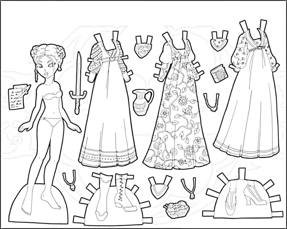 Кукла с одеждой для вырезания: кукла, три платья, два пояса, пара туфель, ожерелье, кувшин, висячие украшения, колчан, две подковы, четыре шпильки