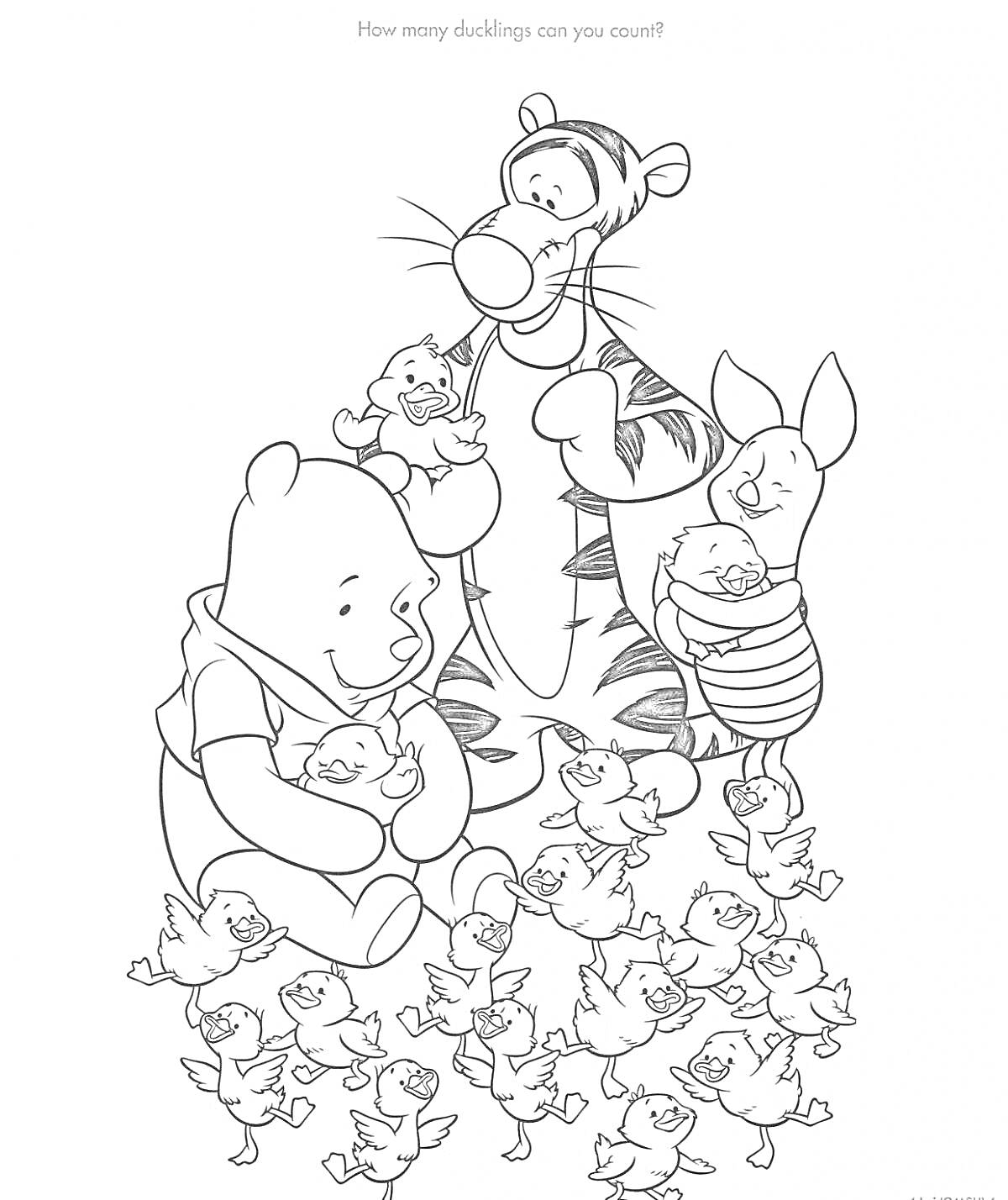 На раскраске изображено: Винни-Пух, Пятачок, Тигра, Друзья