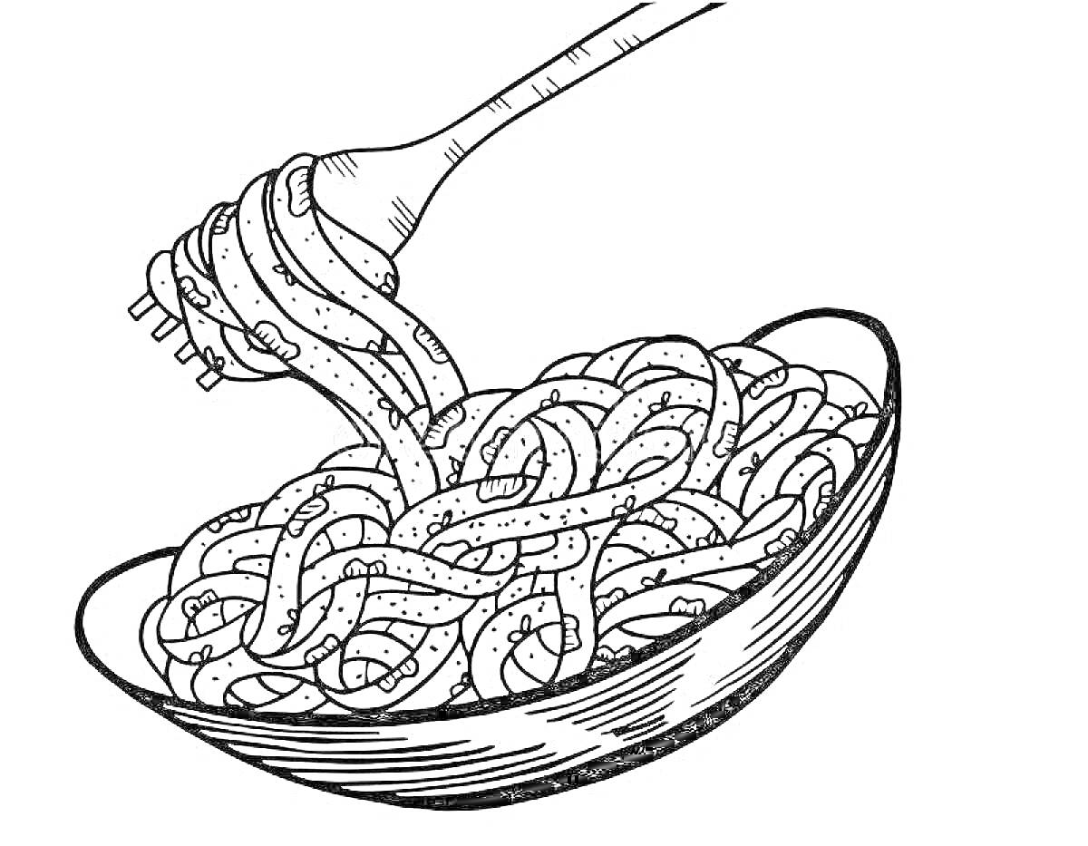 На раскраске изображено: Макароны, Вилка, Тарелка, Еда, Паста, Ужин, Кухня, Спагетти
