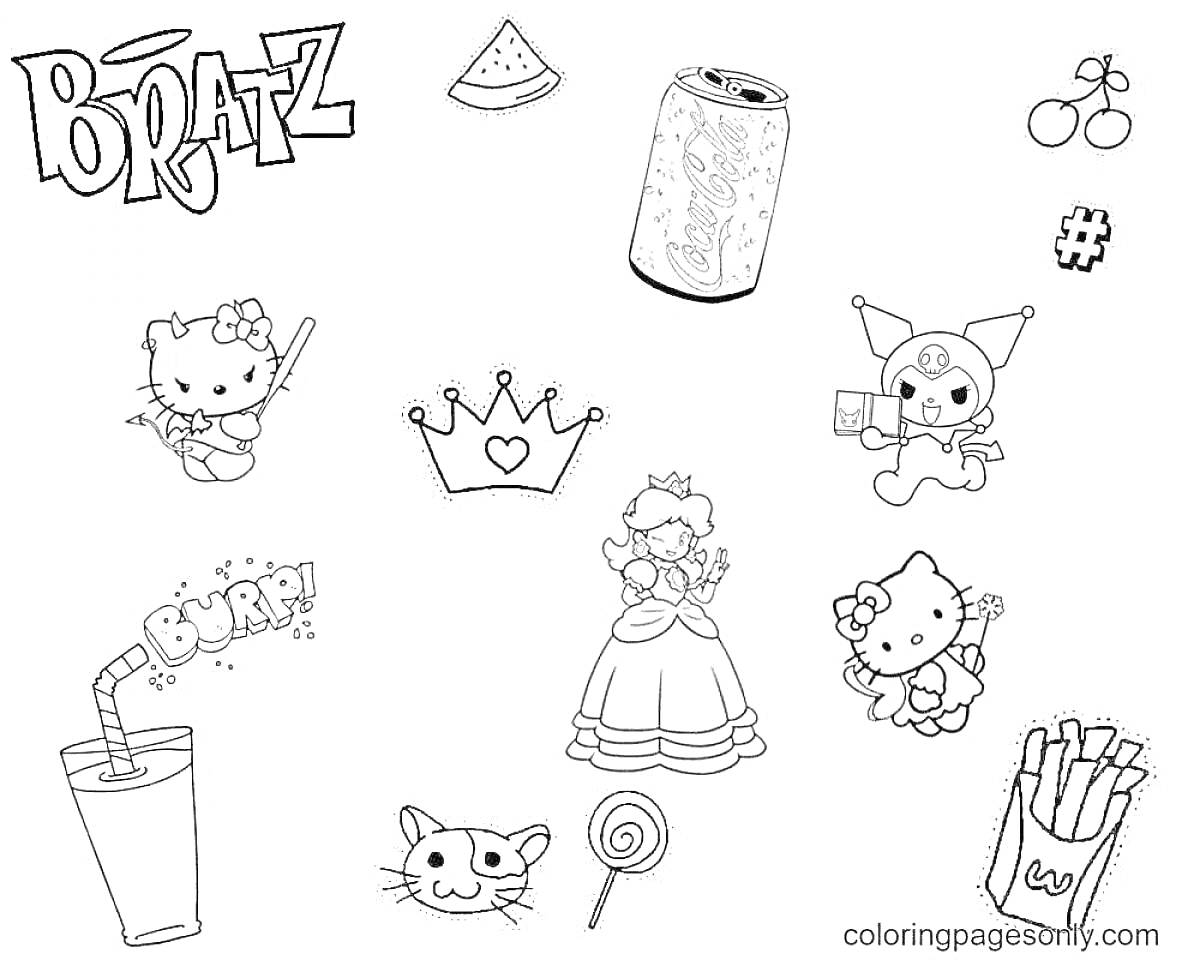 Раскраска Hello Kitty с элементами эстетики: логотип Bratz, ломтик арбуза, банка (напитка), узор цветка, знак решетки (#), Hello Kitty с палочкой, корона, Hello Kitty с чашкой кофе, принцесса, стакан с трубочкой, хомячок, леденец, картофель фри