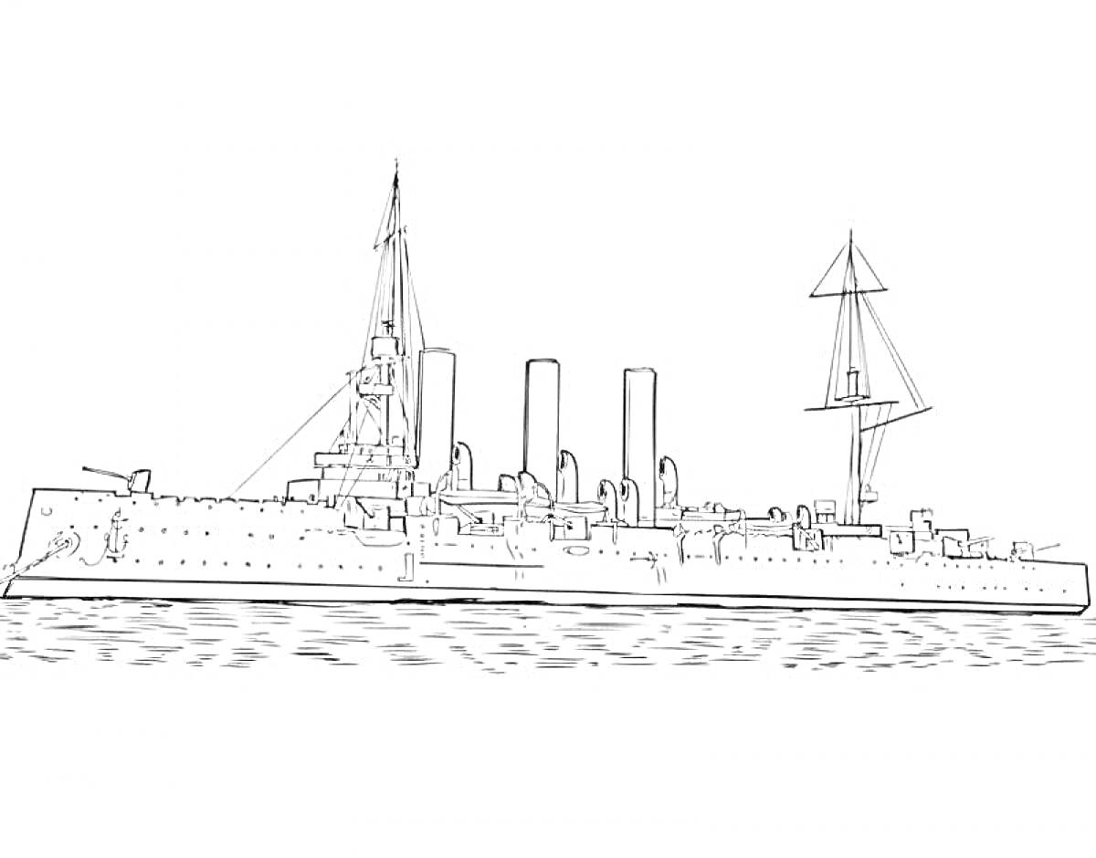 На раскраске изображено: Крейсер, Аврора, Корабль, Корпус, Вода, Исторический корабль