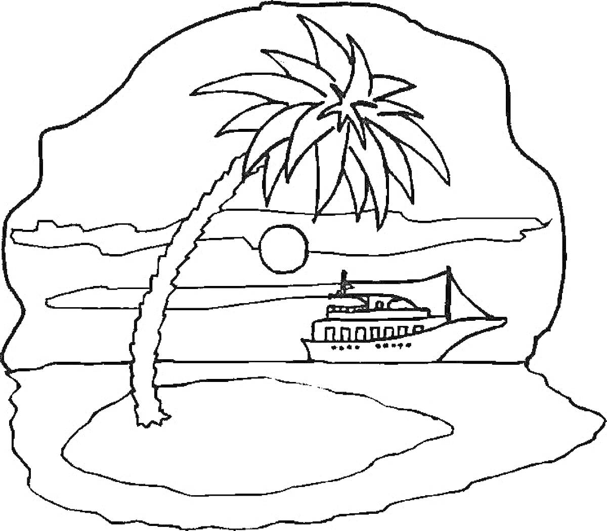 На раскраске изображено: Остров, Лодка, Закат, Море, Пляж, Песок, Солнце, Природа, Пальмы, Путешествия
