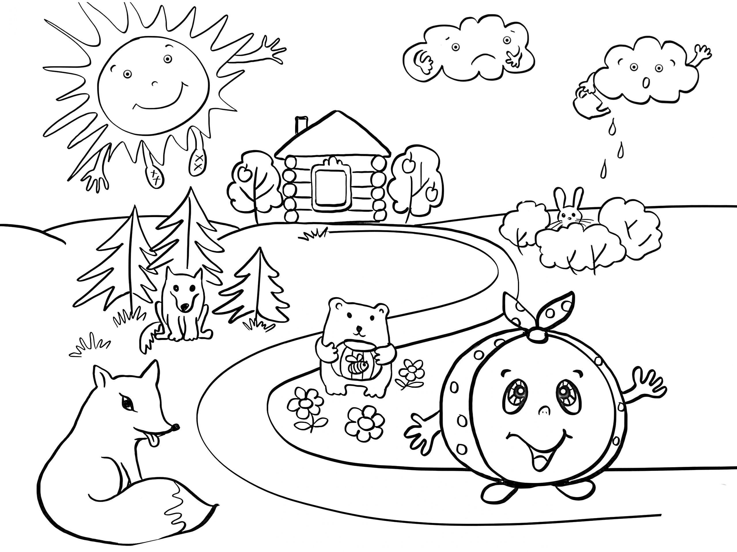 Раскраска Колобок на дорожке возле домика, медведь, лиса, солнце, облака и заяц в лесу