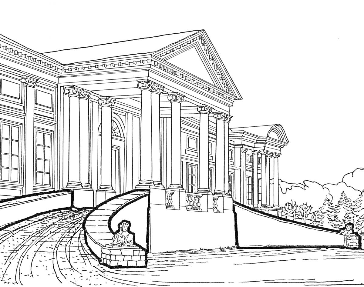 Раскраска Музей с колоннадой, лестницей, и скульптурами львов перед входом