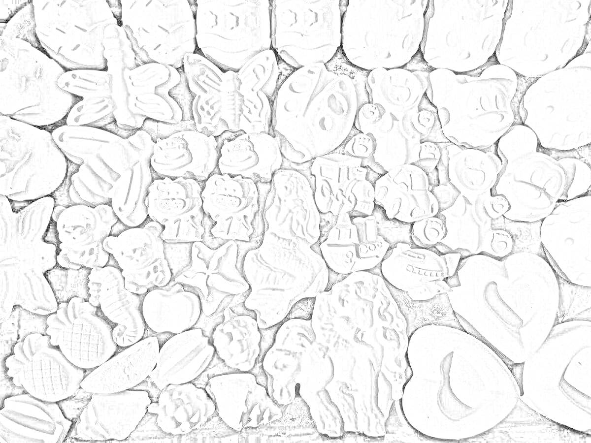 Раскраска Гипсовая раскраска с элементами: ананасы, бабочки, божьи коровки, медвежата, цветы, ёжики, кошки, звезды, сердечки, панда, пони, и русалка.