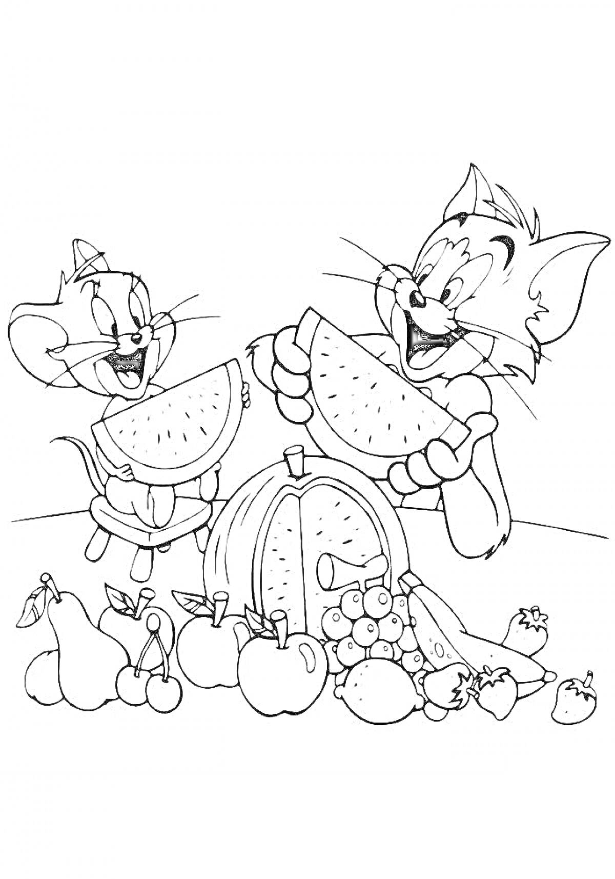 Раскраска Мышонок и кот с дольками арбуза за корзиной с фруктами