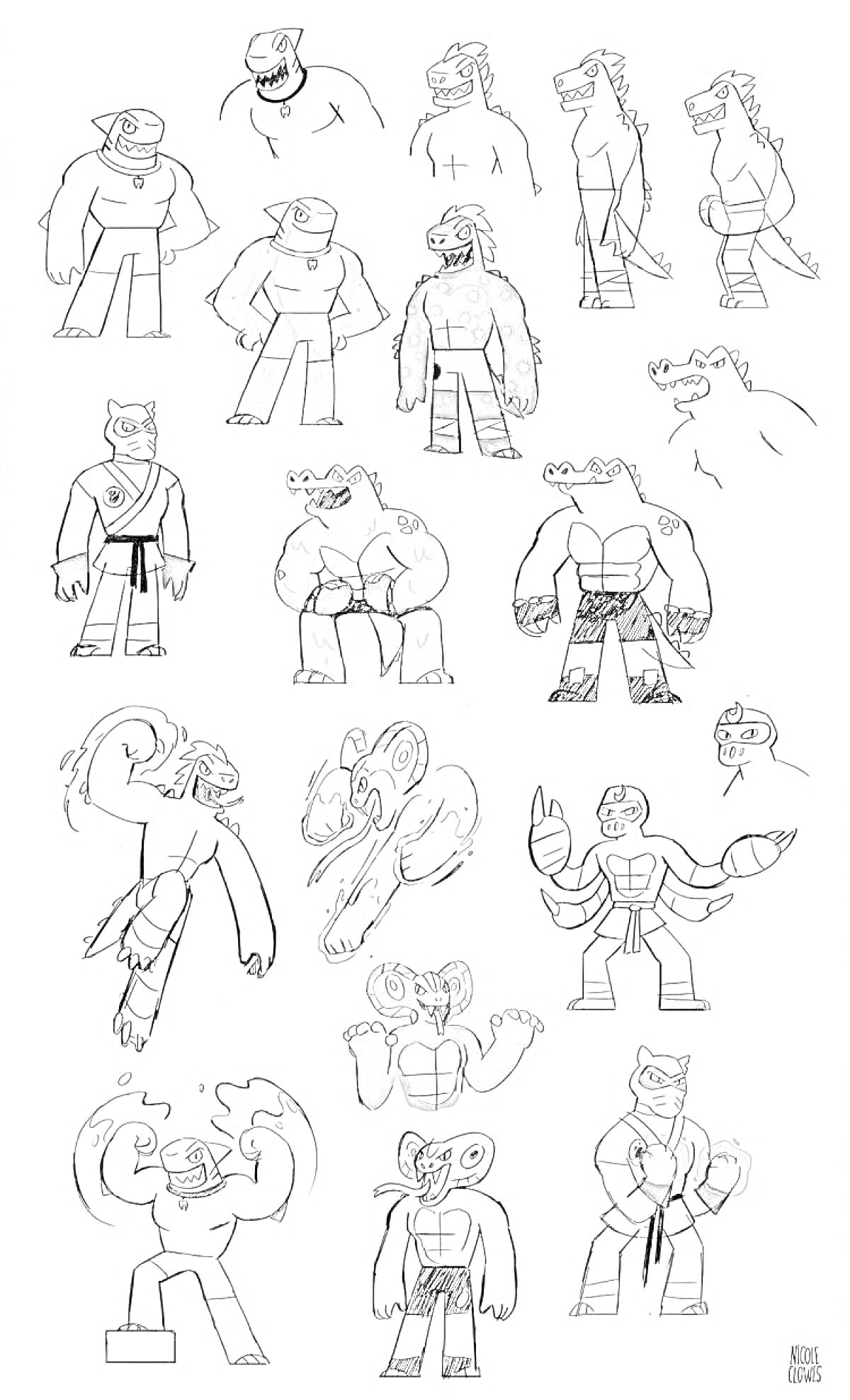 Раскраска Герои Гуджитсу – группа персонажей в боевых позах и в различных костюмах