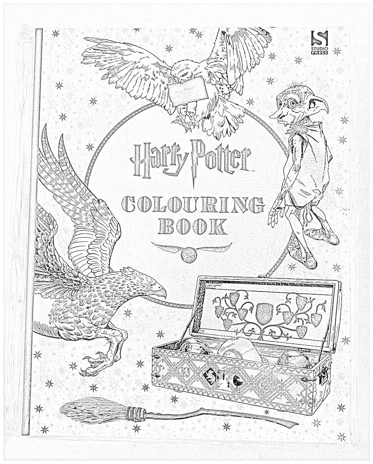 Раскраска Гарри Поттер Раскраска со всеми элементами: сова, домовой эльф, сундук с гербами Хогвартса, метла