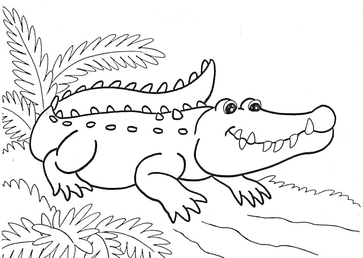 Раскраска Крокодил на берегу водоема с пальмами