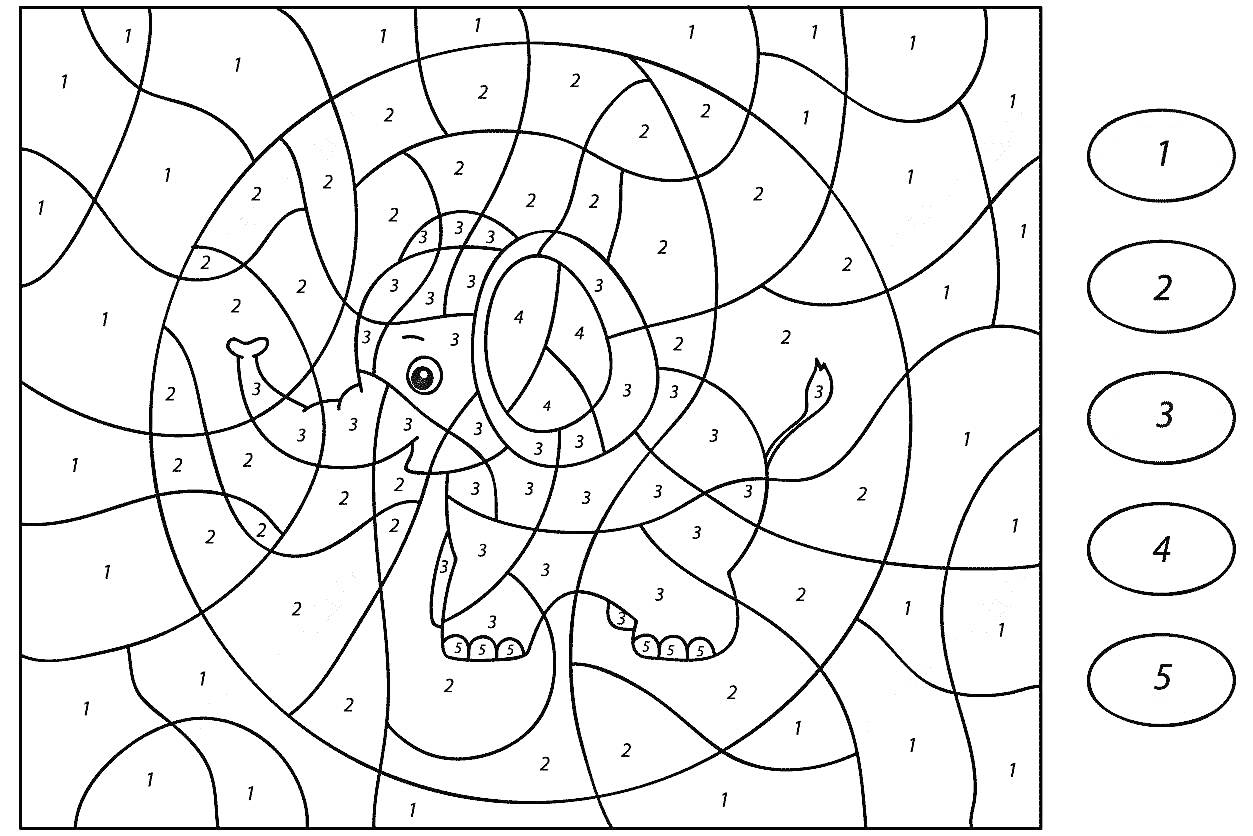 На раскраске изображено: Цифры, Слон, Геометрические формы