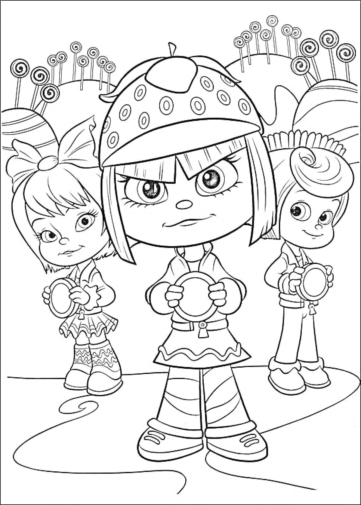Раскраска Три персонажа мультфильма с конфетами на фоне декоративных деревьев