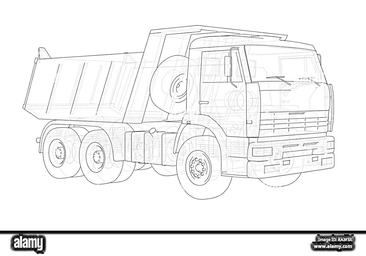 Раскраска Камаз 54115, контурное изображение, грузовик, трехосный, самосвал, запасное колесо