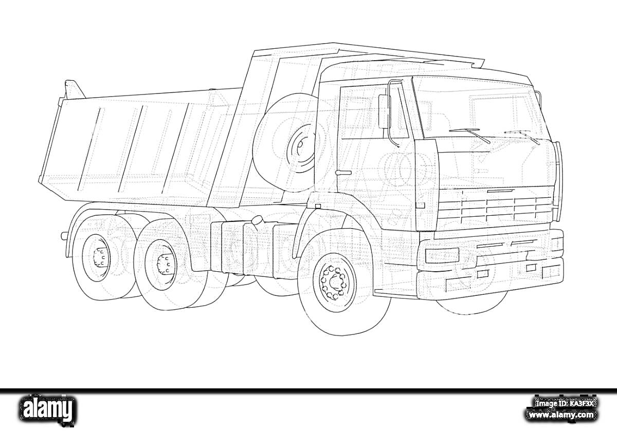 На раскраске изображено: Камаз, Самосвал, Запасное колесо, Контурные рисунки