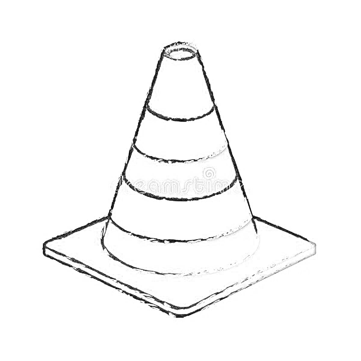Классический дорожный конус с горизонтальными полосами на квадратном основании