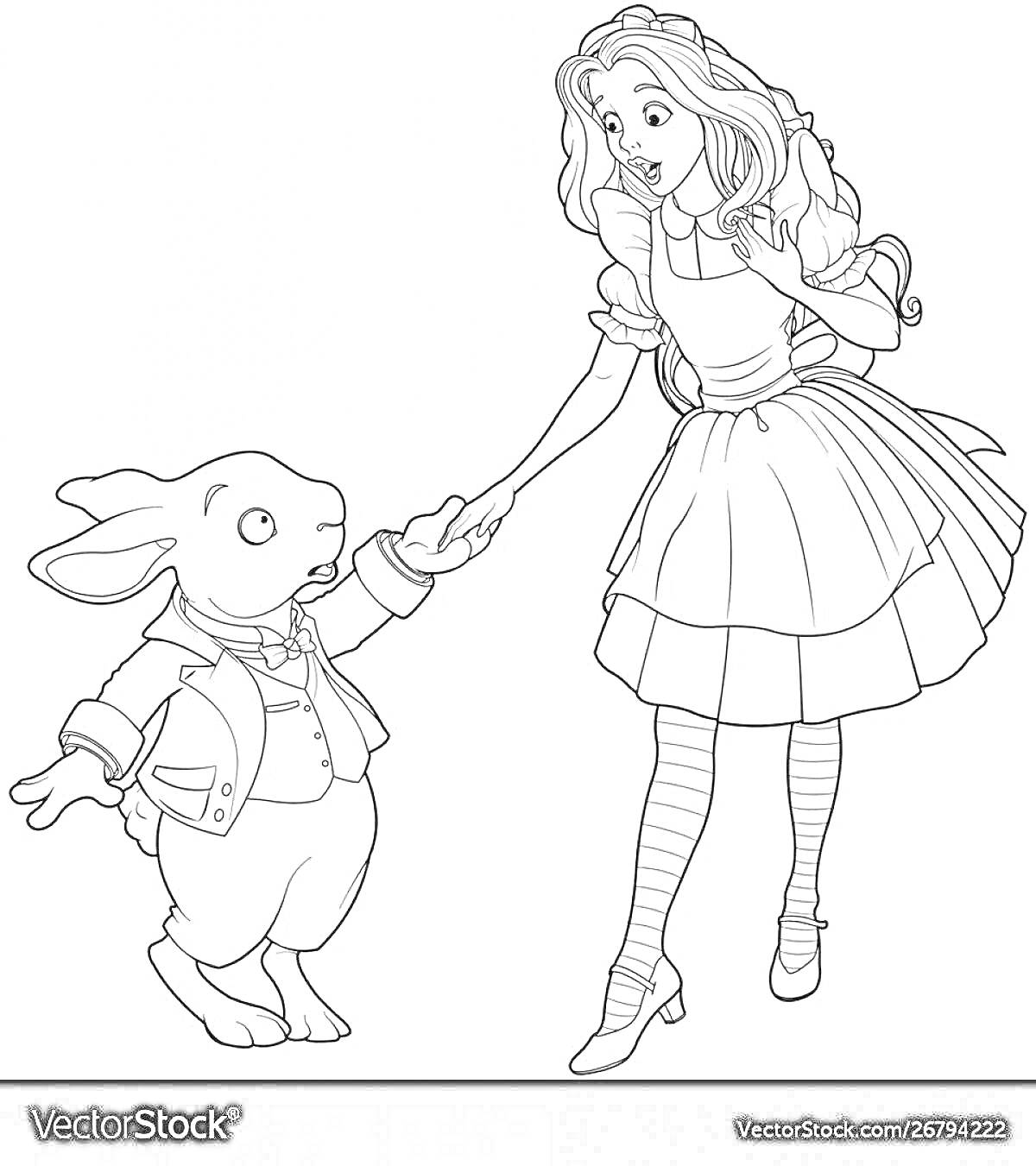 На раскраске изображено: Алиса, Кролик, Костюм, Девочка, Книга, Длинные волосы, Платье, Наряд