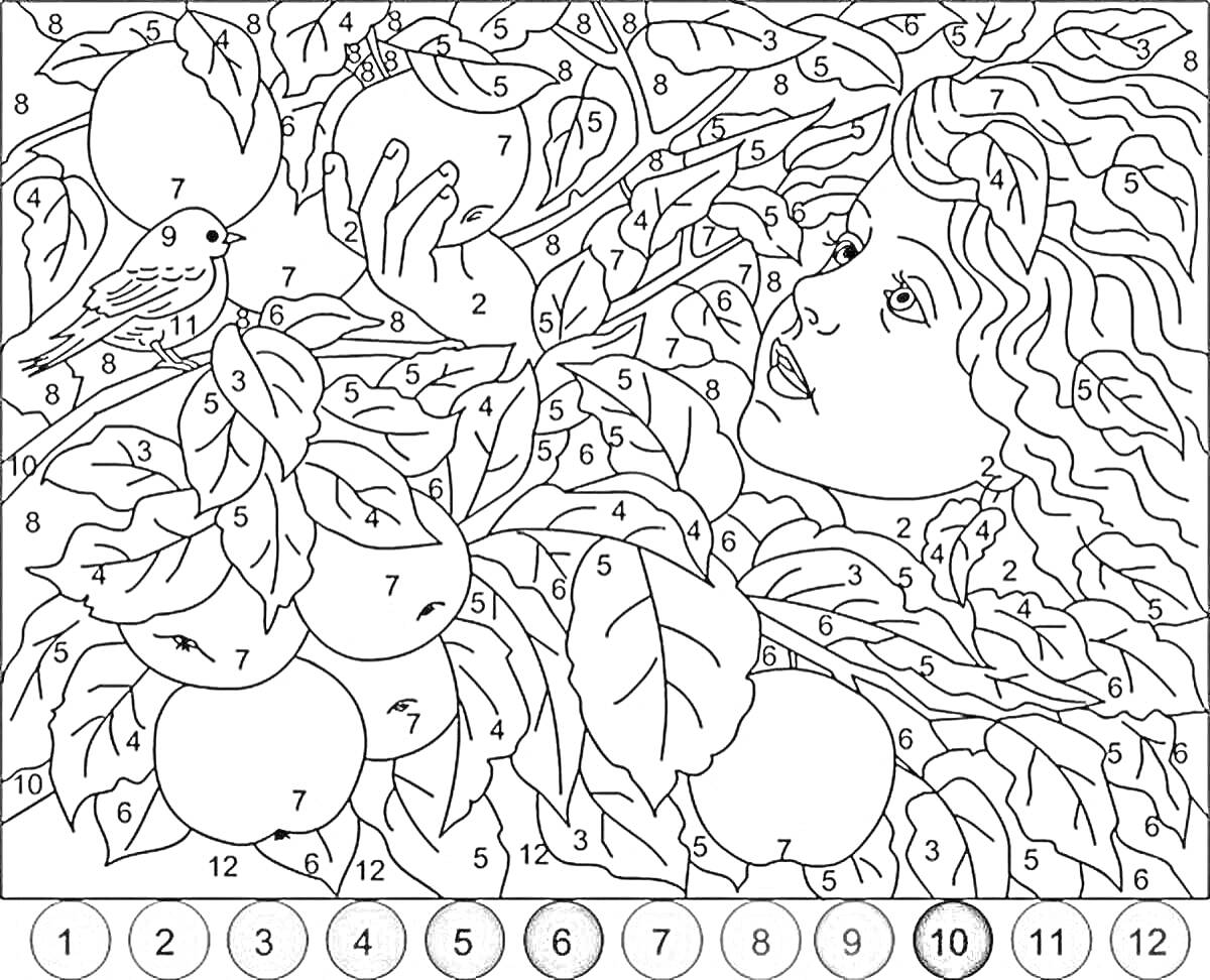 Раскраска Девушка среди листвы и фруктов