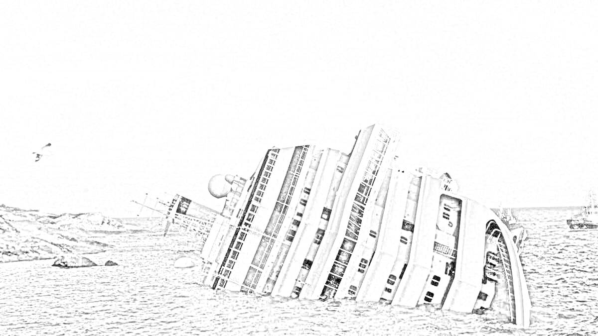 На раскраске изображено: Costa Concordia, Кораблекрушение, Затонувший корабль, Лайнер, Вода, Море, Авария, Остров, Суда, Небо