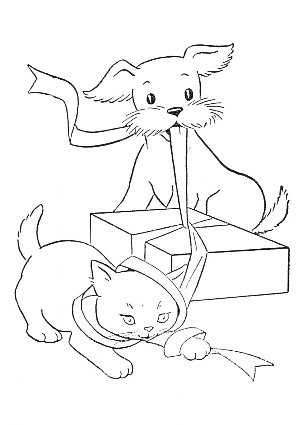 На раскраске изображено: Кот, Коробка, Игра, Мило, Дружба, Домашние животные
