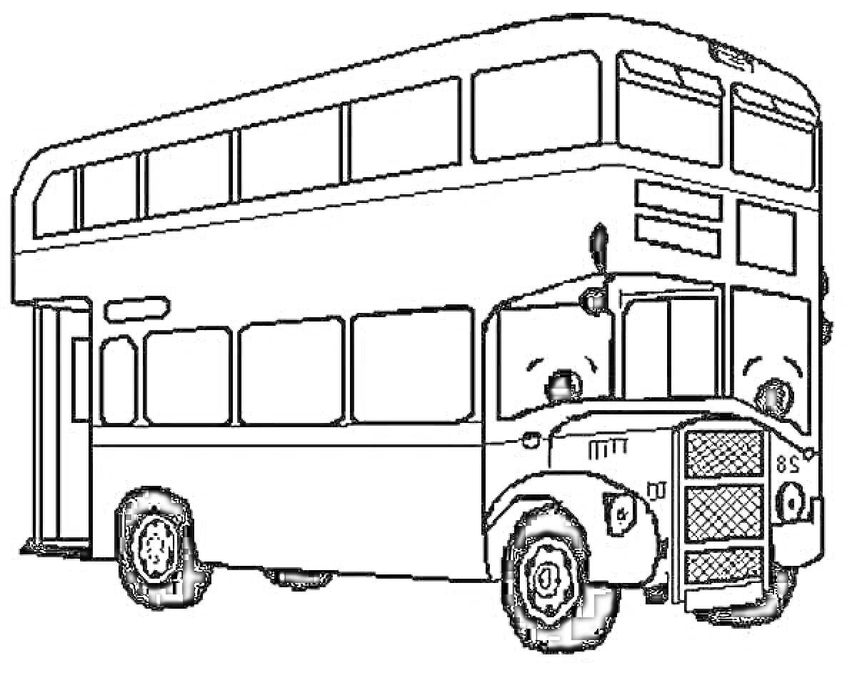 На раскраске изображено: Двухэтажный автобус, Транспорт, Окна, Фары, Колёса